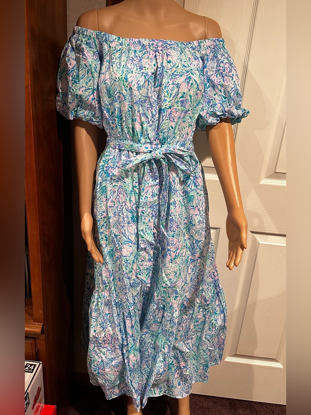 Lilly Pulitzer Tamie Off-Shoulder Floral Midi Dress in Surf Blue Soleil It On Me